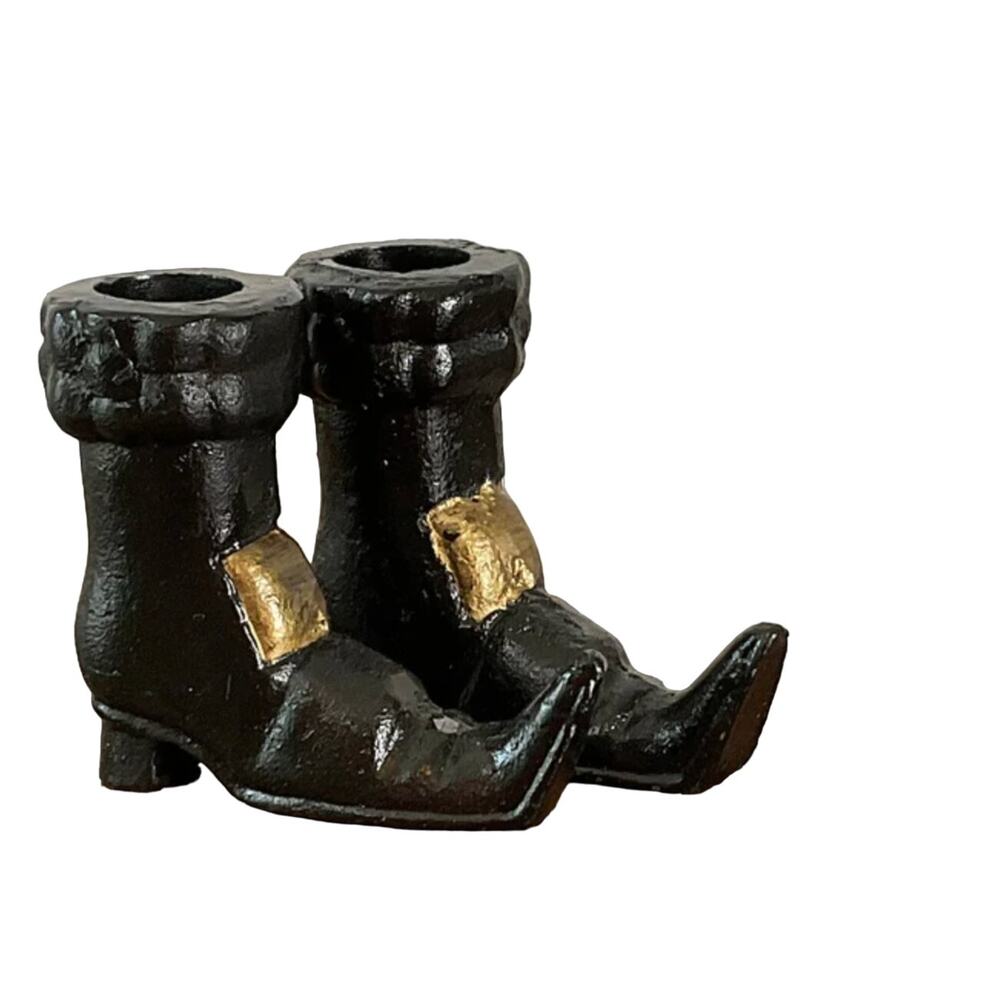Vintage Cast Iron Black Witches Boots Pair Taper Candle Holders Halloween